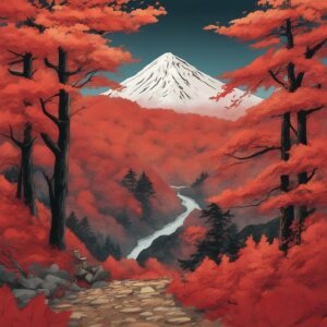 紅葉と山々